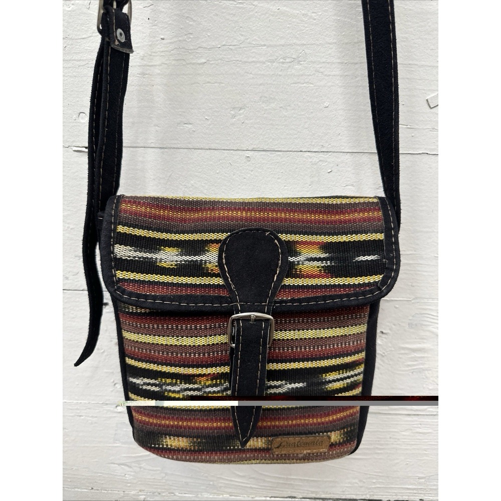 Boho Colorful Guatemalan Hand Woven Crossbody Bag 14"x12" Leather